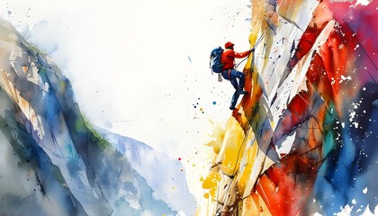 Wall Mural - Dynamic ascent of a climber on a vibrant cliff, with bold paint splashes capturing motion and intensity on a stark white canvas