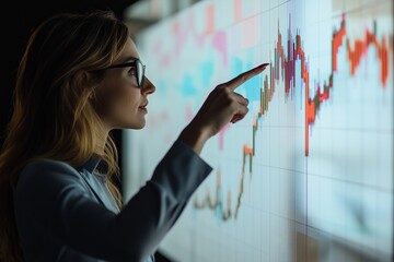 Poster - Businesswoman analyzing stock market trends on a digital display in a modern office during early morning hours