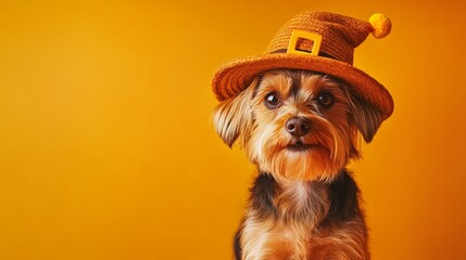 Dog in thanksgiving pilgrim hat on vibrant orange background with festive autumn feel