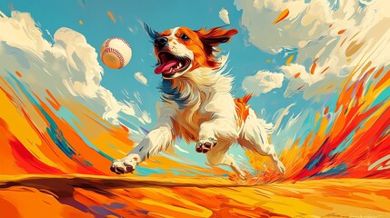 Dog playing softball, winding up for a pitch, exaggerated cartoon movement, colorful field