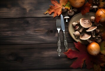 Wall Mural - autumnal table setting with mushrooms and leaves
