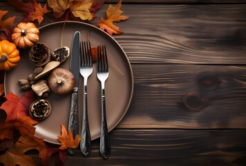 Wall Mural - autumnal table setting with leaves and cutlery