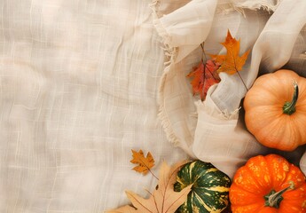 Wall Mural - autumn decoration with pumpkins and leaves on linen fabric