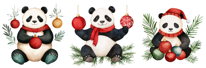 Three cute pandas decorated for the holidays with ornaments and scarves, white isolated background.