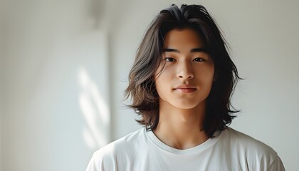 Joyful Asian teenager with long hair in white T-shirt, posed in softly lit plain white studio, perfect for various creative projects and generative AI applications