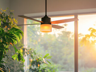 Canvas Print - Modern Ceiling Fan with Frosted Globe Light in Cozy Sunlit Room Minimalist Elegance and Cool Air Circulation Concept