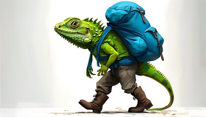 Wall Mural - Playful green lizard character in blue backpack and boots walking on two legs against a clean white backdrop