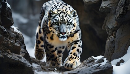 Intense gaze of a snow leopard navigating rugged landscape, capturing the essence of survival and raw beauty in its frigid habitat