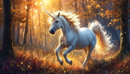 Poster - Enchanted white unicorn with golden mane gallops through an autumn forest, bathed in soft glowing lights, capturing the magic and allure of legendary tales.