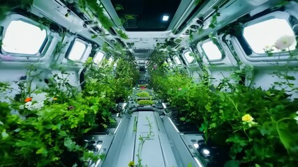 Fototapete - A space shuttle with a view of the interior. The interior is filled with plants and has a futuristic feel