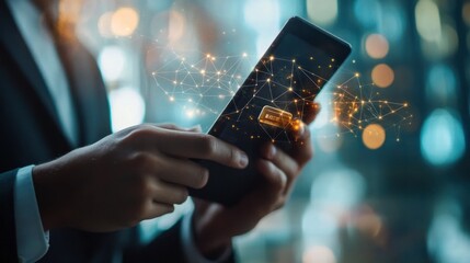 Corporate professional using smartphone for digital wallet payments, secured by blockchain technology for global financial transfers.