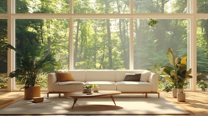 A serene living room with a view of lush greenery through large windows, creating a peaceful atmosphere.