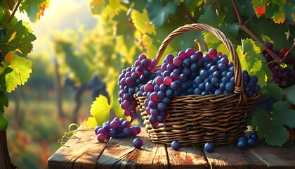 Wall Mural - Rustic wooden table adorned with a bountiful basket of fresh grapes surrounded by lush grape vines