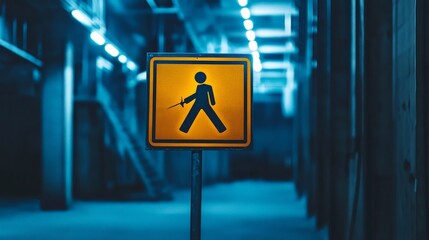 bright pedestrian crossing sign in dimly lit tunnel