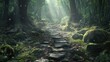 © Patcharaphorn - An ancient stone path leading through a dense forest, with moss-covered rocks and soft sunlight filtering through the trees, creating a mystical atmosphere