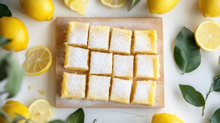 Wall Mural - A delicious lemon dessert cut into squares, garnished with powdered sugar and surrounded by lemons.