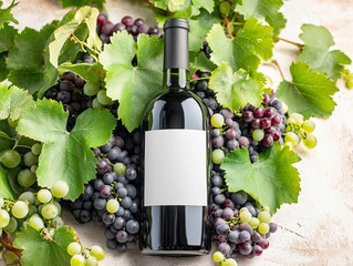 Wine bottle with blank label surrounded by grapes and vine leaves, natural light, ideal for organic and farmtotable branding