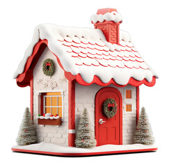 Cute tiny house decorated with Christmas ornaments. 3D style image over isolated transparent background