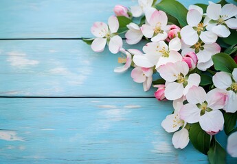 Wall Mural - spring apple blossoms on blue wooden background