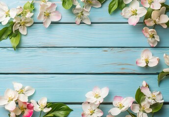 Wall Mural - spring blossom frame on blue wooden background