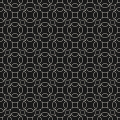 Wall Mural - Simple vector geometric seamless pattern in oriental style. Subtle black and white geometrical ornament. Abstract outline background with floral shapes, leaves, squares. Dark monochrome design