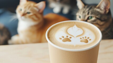 Coffee cup with latte art featuring paw prints, blurred cats in the background.