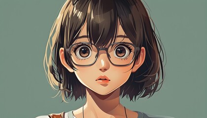 Anime-inspired illustration of a girl with big eyes and glasses, wearing a simple dress, featuring intricate details and vibrant colors.