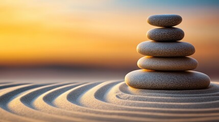 Sticker - A stack of stones on top of sand dunes at sunset, AI