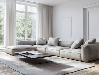 Cozy and contemporary Scandinavian inspired living room featuring a large fabric sofa sleek coffee table and abundant natural light creating a minimalist and serene ambiance