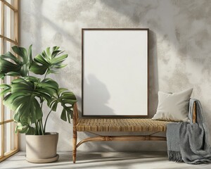 A framed white poster mockup , on a boho seat in a bright lightflooded room