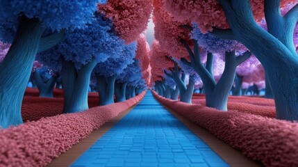 Poster - A path of a blue and pink pathway with trees on either side, AI