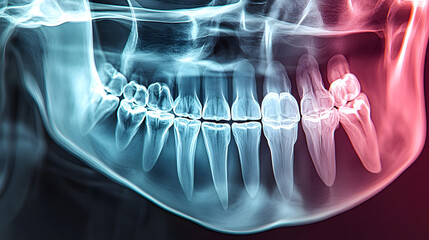 Poster - Medical, xray and illustration of teeth in mouth for wisdom tooth, growth and dental examination. Anatomy, radiology and dentistry in healthcare with scan for root canal, assessment and evaluation