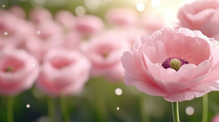 Poster - A close up of a pink flower with green leaves and water droplets, AI