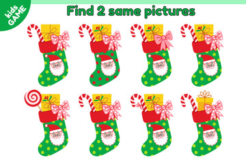 Educational kids game. Find 2 same picture with cartoon Christmas stocking with Santa Claus. Xmas sock with gift box, candy cane and bow. Puzzle for education children. New Year vector illustration.