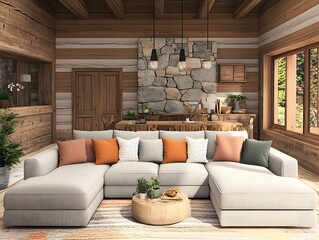 Wall Mural - Cozy and rustic living room in a warm cabin interior with wooden beams a stone fireplace plush gray sectional sofa decorative pillows and natural accents like plants and a wooden coffee table