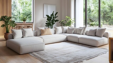 Cozy and inviting modern living room interior design with a large comfortable sectional sofa minimalist stylish decor throw pillows plush area rug sleek and streamlined furniture with clean lines