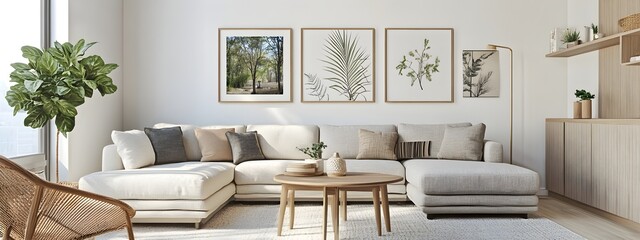 Bright and airy open concept living room showcasing a spacious linen upholstered sectional mid century inspired low profile furniture and a gallery wall of nature inspired photography