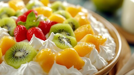 Wall Mural - Close-up of a delicious dessert with whipped cream, kiwi, mango, and strawberries.