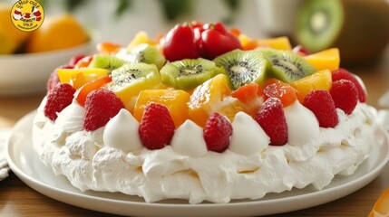 Wall Mural - Close-up of a meringue cake with whipped cream, kiwi, raspberries, and orange slices.