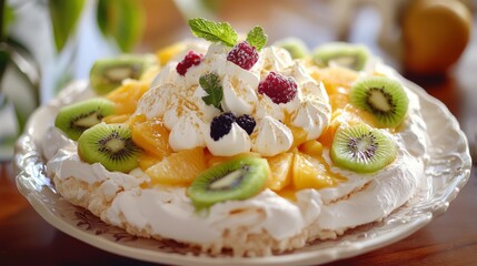 Wall Mural - Close-up of a pavlova dessert with whipped cream, kiwi slices, mango, and raspberries.