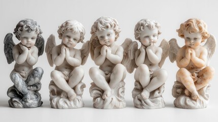 whimsical marble cherub statues in various playful poses isolated on white soft lighting enhancing details