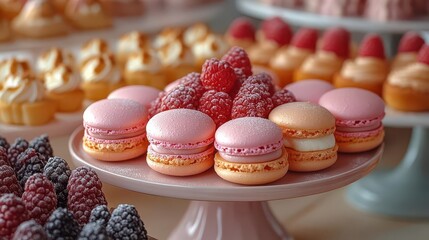 whimsical patisserie display vibrant macarons glossy fruit tarts delicate cream puffs soft pastel color palette