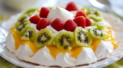 Wall Mural - Delicious Pavlova dessert with kiwi, strawberries and whipped cream.