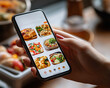 © Thongthawee - A food delivery app on a smartphone screen, showing a variety of menu options with an order being placed, symbolizing the ease of ordering from home, food delivery app, digital convenience