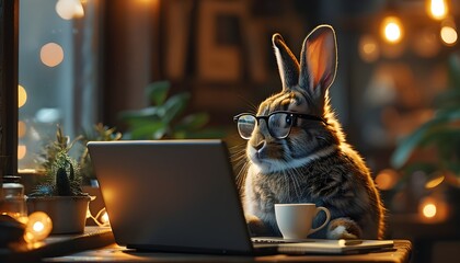 Thoughtful rabbit in glasses enjoying coffee while working on a laptop in a cozy, ambient setting