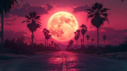 Canvas Print - a large red moon is in the sky above a road with palm trees in the background. the scene is serene a