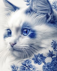 A close-up of a white kitten with blue eyes and blue floral embroideries. The image presents an artistic blend of a cat with intricate blue designs enhancing its fur.