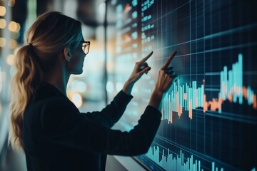 Poster - a business professional analyzes data trends on a digital display in a modern office setting during 