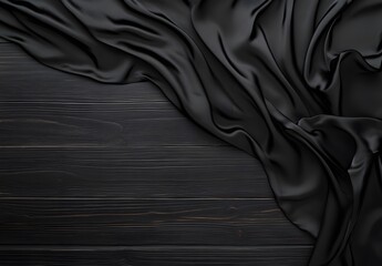 Black Fabric Draped on Dark Wooden Background