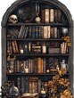 © tilialucida - A vintage gothic bookshelf adorned with halloween decor, including candles, a skull, cobwebs, and antique books, evokes a spooky and mystical ambiance perfect for seasonal designs or posters.